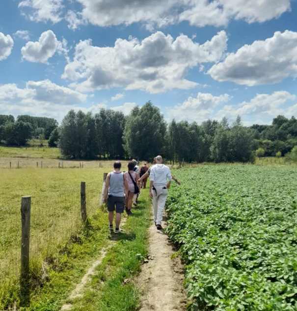 groep mensen die wandelt tussen de velden, gezien van op de rug