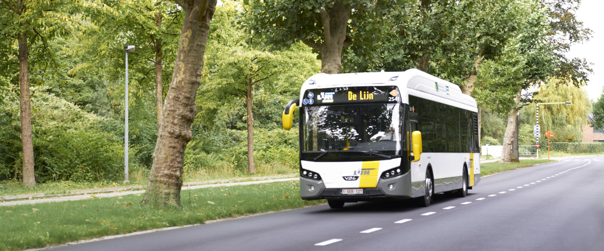 bus van De Lijn die rijdt op weg tussen de bomen